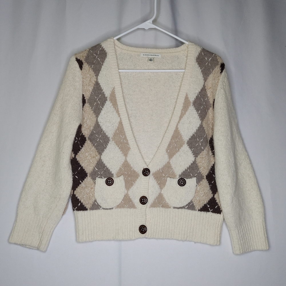 Banana Republic Vtg Crop Cardigan Medium Argyle Elbow Patch Button Old Money 00s